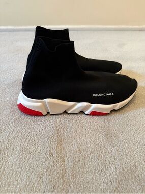 Balenciaga Black Knit Sock Sneakers with White & Red Accents